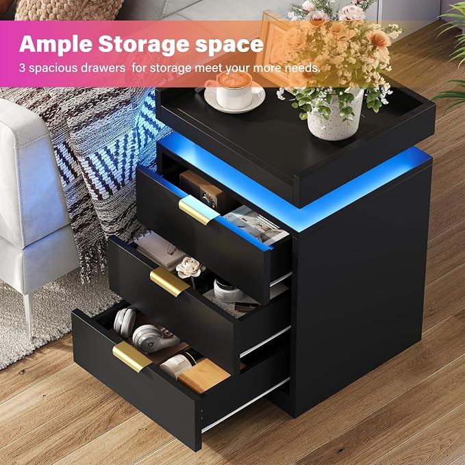 knoworld LED Nightstand with Charging Station & USB Ports, 3-Drawer Bedside Table with Adjustable RGB LED Lights, High-Gloss Modern Nightstands for Bedroom, Black