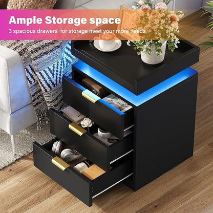 knoworld LED Nightstand with Charging Station & USB Ports, 3-Drawer Bedside Table with Adjustable RGB LED Lights, High-Gloss Modern Nightstands for Bedroom, Black