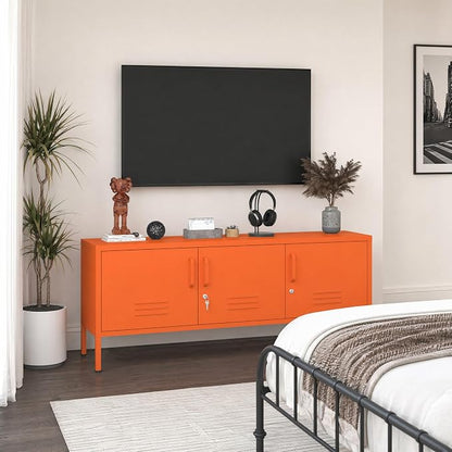 Metal Storage Cabinet-22 Tall Steel TV Stand Cabinets with Lockable Doors and Adjustable Shelves Orange Living Room Locker Organizer for Home Office Bedroom Size：22" H X 47.3" W X 13.8" D