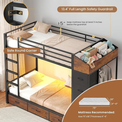 VIAGDO Bunk Bed Twin Over Twin with 8 Storage Drawers and Power Outlets, LED Twin Bunk Beds with Hall Tree and Shelves, Metal Bunk Beds with Safety Guardrail & Ladder for Dorms, Kids, Black