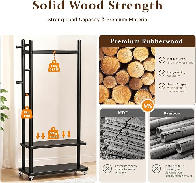 Taitiy Solid Wood Coat Rack Freestanding, Coat Rack Stand with 2 Shelves & 4 Hooks, Coat Tree for Entryway, Hallway, Bedroom, Living Room, Office - Clothing Rack for Coats, Hats, Bags (Black-L-Wheel)