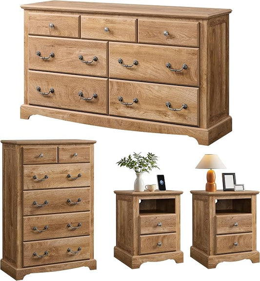 T4TREAM Farmhouse Dressers & Night Stand Set of 4, 54" Wide 7 Drawer Dresser & 48" Tall 6 Drawers Chests, 18" Wide 2 Drawers Side Table Set of 2, Furniture Dresser Sets for Home, Light Knotty Oak