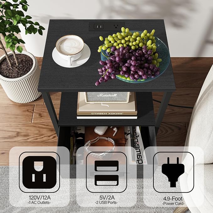 TUTOTAK End Table with Charging Station, Night Stand, Side Table with 2 USB Ports and Outlets, Nightstand with Cloth Drawer, Bedside Table for Livingroom, Bedroom Black TB01BK088
