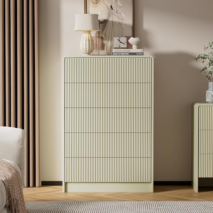 Furniway Beige 5 Drawer Dresser for Bedroom, Curved Tall Dresser with Push-to-Open Design, Chest of Drawers for Bedroom, Living Room, Hallway, 15.7”D x 32”W x 47.2”H