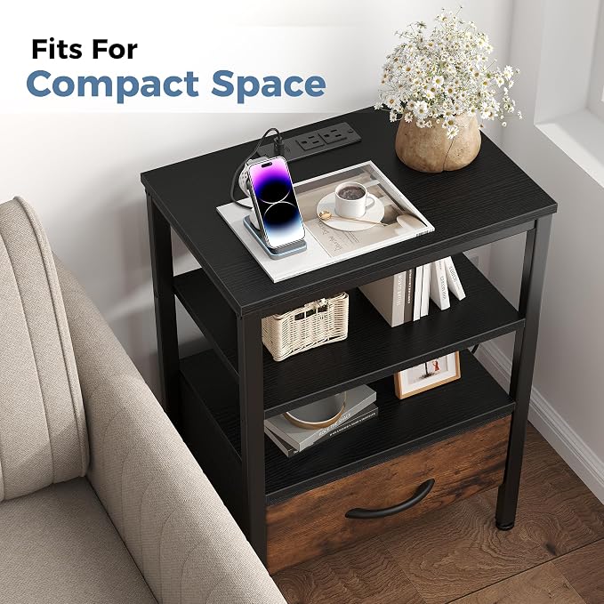 DUMOS 3-Tier Storage, Bed Side Tables with Wireless Charging Station, End Tables with Adjustable Fabric Drawers, Nightstand Set of 2, Modern Design, Black Rrown