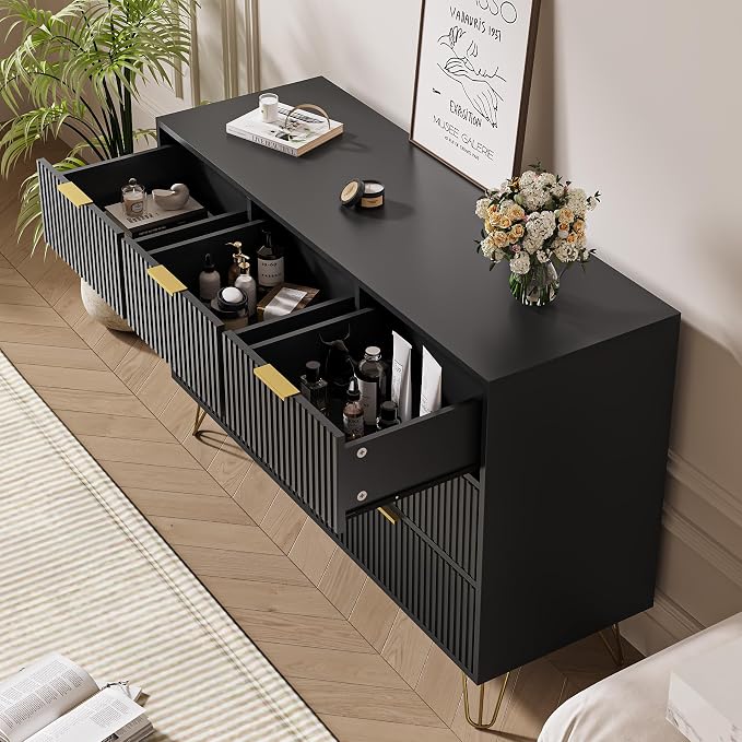 MAISONARIA Black Dresser for Bedroom, 7 Drawer Dresser with Gold Pulls, Wide Chest of Drawers for Bedroom, Entryway, 47.2" L x 15.7" D x 31.4" H