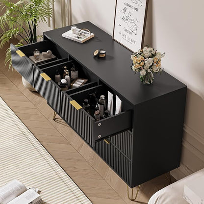 MAISONARIA Black Dresser for Bedroom, 7 Drawer Dresser with Gold Pulls, Wide Chest of Drawers for Bedroom, Entryway, 47.2" L x 15.7" D x 31.4" H