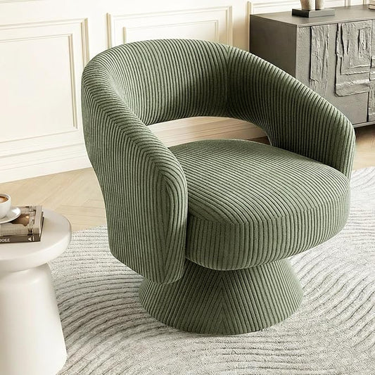 HOMCOM 360° Swivel Accent Chair, Corduroy Upholstered Barrel Chair, Modern Armchair with Thick Padding for Living Room, Bedroom, Reading Room, Green