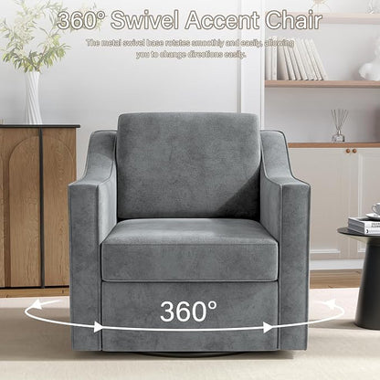 Swivel Accent Chair, 360° Swivel Upholstered Club Armchairs for Living Room, Comfy Single Sofa Reading Chair with Deep Seat, Metal Swivel Base, Chenille Fabric, Gray