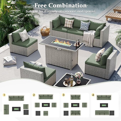 UDPATIO Patio Furniture Set with Fire Pit Table, 8 Pcs Outdoor Sectional Sofa, PE Wicker Patio Conversation Set for Garden, Backyard (Green Cushions with Light Grey Rattan)