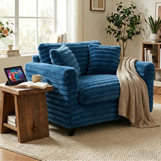 ERYE 46.9" Corduroy Upholstered Accent Chair Wide Seat Armchair for Living Room Bedroom, Modern Cloud Cushion Armchair W/ 2 Pillows and Wooden Legs for Home Apartment Office