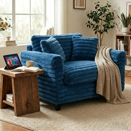 ERYE 46.9" Corduroy Upholstered Accent Chair Wide Seat Armchair for Living Room Bedroom, Modern Cloud Cushion Armchair W/ 2 Pillows and Wooden Legs for Home Apartment Office