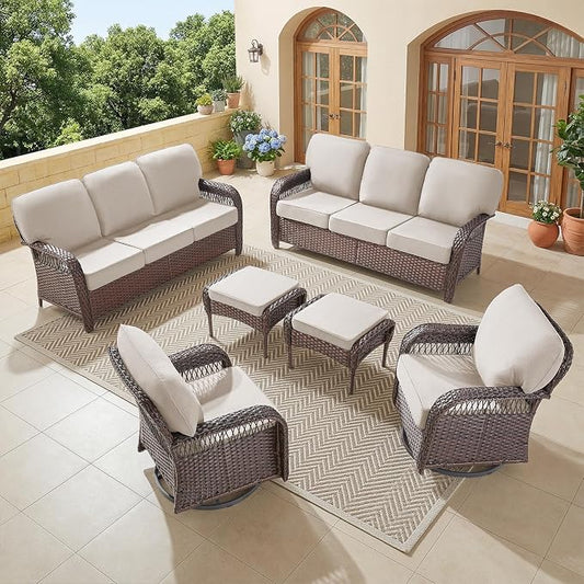 Belord Luxury Patio Furniture Set with 5-inch Thick Cushion, Outdoor 3-seat Sofa and High Back Swivel Rocker Patio Chairs and Ottoman, 6PCS Wicker Conversation Set for Deck Yard and Poolside,Beige