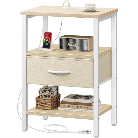 SUPERJARE Nightstand with Charging Station, Bed Side Table with Adjustable Fabric Drawer, Night Stand for Bedroom, 3-Tier Storage End Table, for Living Room, White Maple