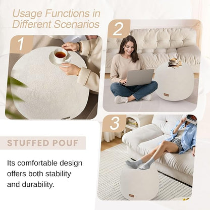 MeMoreCool Stuffed Round Pouf Ottoman Foot Rest, Floor Pouf Foot Stool with Soft Foam Chunk Filling, Small Round Ottoman Footstool Circle Footrest for Living Room, Beige