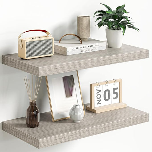 Fun Memories Floating Shelves - 2 Pack 12 Inch Deep Rustic Wooden Wall Shelves - Extra Deeper & Thicker Wall Mounted Storage Shelf for Living Room, Kitchen, Farmhouse - 24" W x 12" D x 1.5" H - Grey