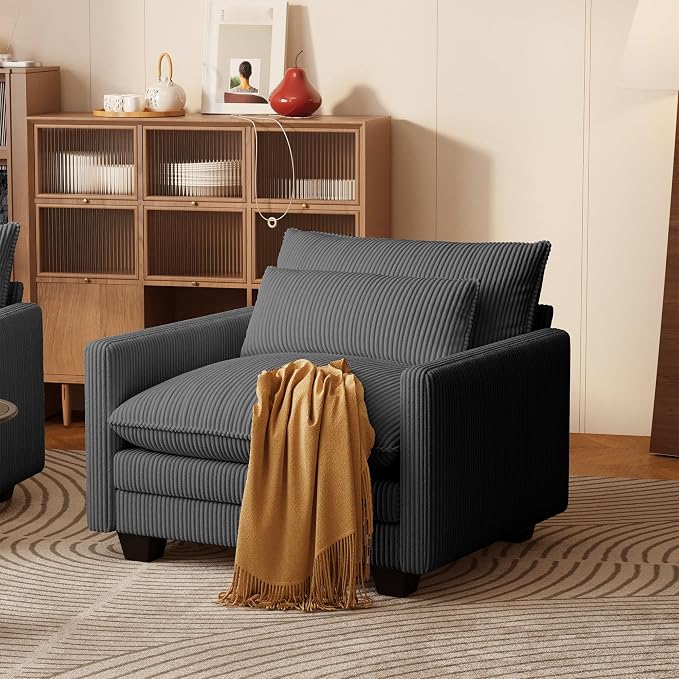 Gizoon Cloud Accent Chair with Washable Cover, Corduroy Single Sofa Chair with Comfy Deep Seat, Modern Armchair with Pillow for Living Room Bedroom, Gray