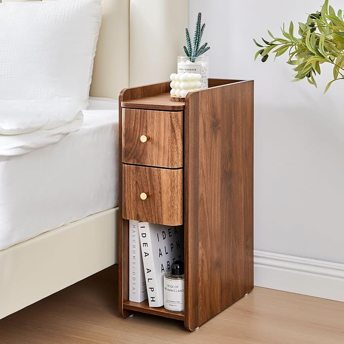 Narrow End Table Bedroom, Wooden Small 2 Drawer Nightstand, Thin Couch Side End Table, Skinny Bedside Table Small Spaces, Mid Century Modern Night Stand with Drawers (Walnut-1 pc)