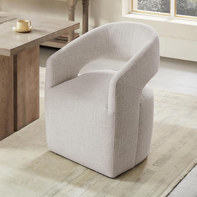 KISLOT Upholstered Dining Chairs with Casters, No Assembly Modern Barrel Armchair with Rollers for Dining Room, Bedroom, Living Room, Reading Room, Home Office, Set of 1, Beige