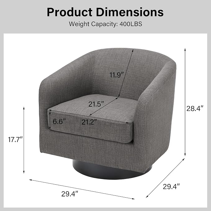 Swivel Barrel Accent Chair, Modern Round Linen Arm Chair for Living Room, Bedroom, Comfy Club Reading Chairs for Adults（Linen Fabric, Grey, Set of 1