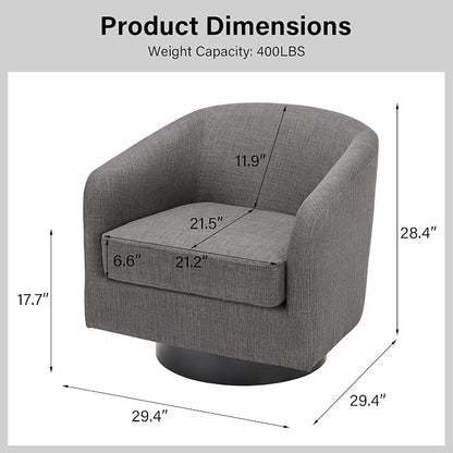 Swivel Barrel Accent Chair, Modern Round Linen Arm Chair for Living Room, Bedroom, Comfy Club Reading Chairs for Adults（Linen Fabric, Grey, Set of 1