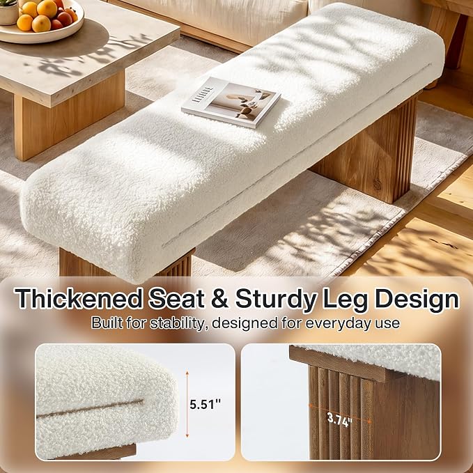 Solid Wood Entryway Bench, 47" Farmhouse End of Bed Bench, Ottoman Indoor Bench with Cushion, Upholstered Window Bench for Entryway, Living Room, White & Brown