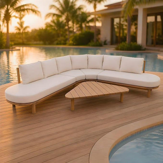 Merax 5 Piece Patio Acacia Wood Curved Sectional Sofa Set, Outdoor Half- Moon Sofa Couch with Waterproof Cushions, 1 Coffee Table for Garden, Lawn, Backyard, Poolside, Beige+Brown