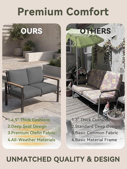 5-Piece Patio Furniture Set with Fire Pit Table & Coffee Table & Removable Washable Cushions, All-Weather Metal Frame and Wood-Like Armrests for Porch, Garden, Balcony,Black