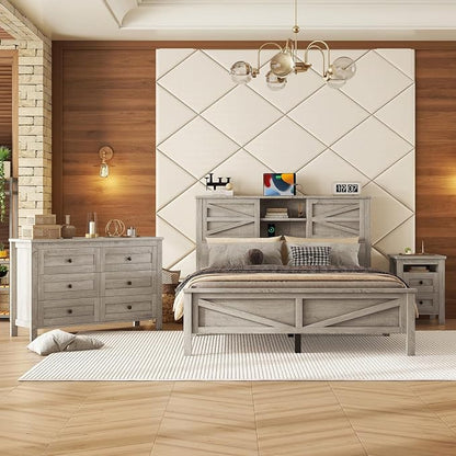 Farmhouse 3-Pieces Bedroom Sets, Queen Size Wood Platform Bed with Nightstand and Dressing Table, Queen Beds Frame with Double Sliding Door Headboard and Charging Station (Gray, Queen)