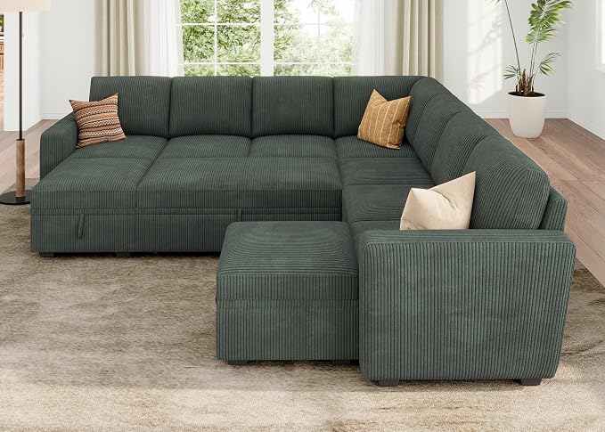 HONBAY Modular Sectional Sleeper Sofa with Pull Out Couch, Corduroy Oversized Sectional Couches Pull Out Bed with U Shaped Sleeper Storage for Living Room - Green