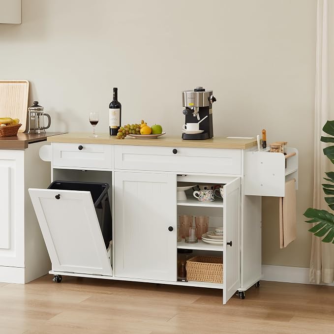 ONBRILL 60" Kitchen Island with Power Outlet & Drop Leaf, Rolling Island with Spice Rack & Towel Rack, Kitchen Island Cart with Trash Storage Cabinet, Island Table for Kitchen, White