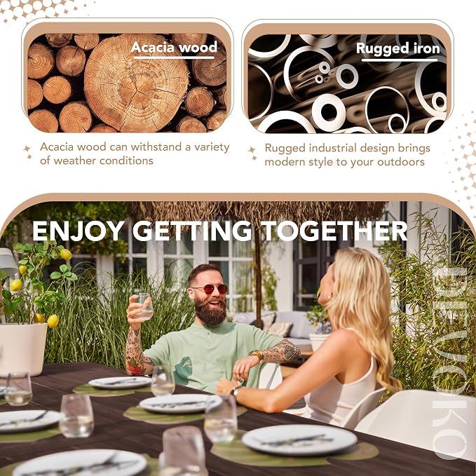 Devoko Home Acacia Wood Dining Table 6-Person Indoor Outdoor Table with Iron Legs, Sandblast Finish, Natural Stained, Rustic Metal, 69 * 33 * 30 inch (Espresso)