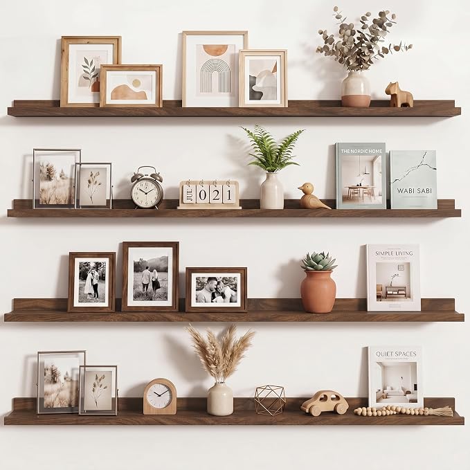 Axeman Picture Ledge Shelf | 55 Inch Walnut Floating Shelves Set of 4 | Rustic Wood Wall Shelves with Lip | 55" Walnut Picture Shelves for Wall with Ledge | Photo Shelves