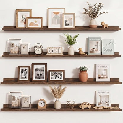Axeman Picture Ledge Shelf | 55 Inch Walnut Floating Shelves Set of 4 | Rustic Wood Wall Shelves with Lip | 55" Walnut Picture Shelves for Wall with Ledge | Photo Shelves