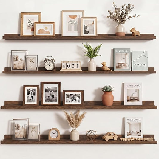 Axeman Picture Ledge Shelf | 55 Inch Walnut Floating Shelves Set of 4 | Rustic Wood Wall Shelves with Lip | 55" Walnut Picture Shelves for Wall with Ledge | Photo Shelves