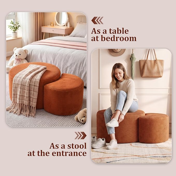 BSHOMGI Nesting Coffee Table Set of 2,Corduroy Ottoman Soft Foot Rest Movable LargePouf Footstool for Living Room Sofa Couch Bedroom Entryway and Small Spaces No Assembly (Orange, 32"+17")