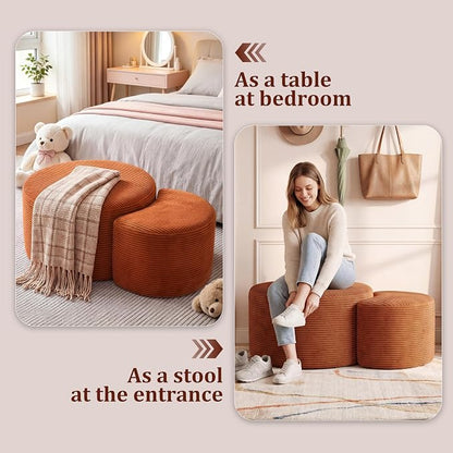 BSHOMGI Nesting Coffee Table Set of 2,Corduroy Ottoman Soft Foot Rest Movable LargePouf Footstool for Living Room Sofa Couch Bedroom Entryway and Small Spaces No Assembly (Orange, 32"+17")