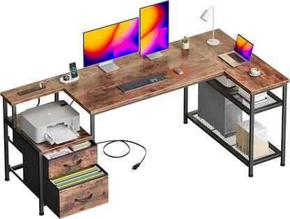 Korfile 57 Inch L Shaped Gaming Desk with Power Outlets and Type-C Port, Reversible Computer Office Desk with 2 Fabric Drawers & Mesh Shelves, Corner Desk for Study Work Writing Desk, Rustic Brown