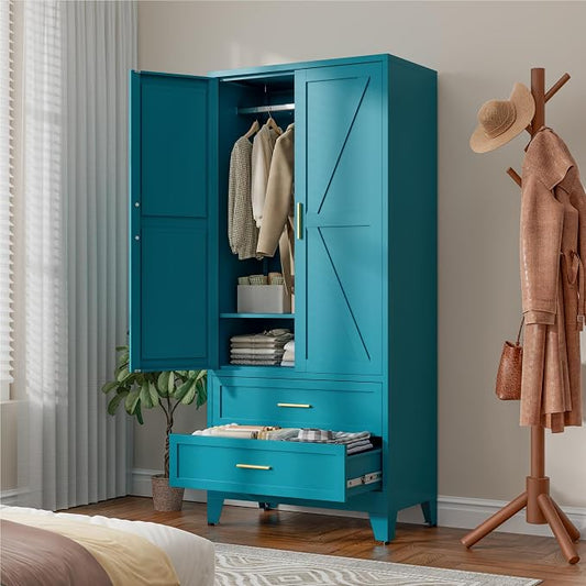 LCAOPC 71" Tall Metal Wardrobe Cabinet with 2 Drawers and Hanging Rod, 2 Doors Armoire Wardrobe Closet with Shelf for Bedroom, Office, Laundry Room, Blue
