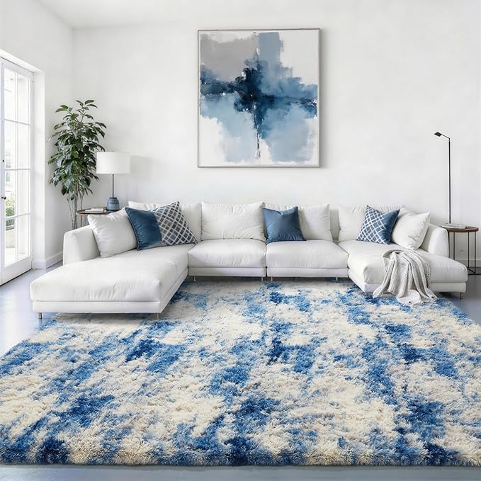 Ophanie 8x10 Blue and Gray Area Rugs for Living Room,Large Navy Grey White Fluffy Shag Fuzzy Plush Soft Carpets,Floor Shaggy Rugs for Bedroom,Carpet for Kids Dorm Decor with Over 99 pcs Pile fibers