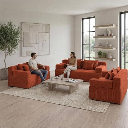 MONVANE 3-Piece Boneless Loveseat Couch Set for Living Room, Oversized Modular Sectional Sofa Set with Removable Armrests, Comfy Corduroy Cloud Couch with 12 Pillows, No Assembly Required, Terracotta