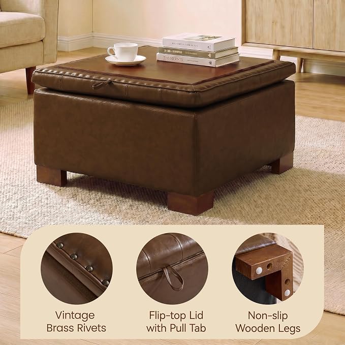 30 Inch Square Storage Ottoman Coffee Table, Modern Tufted Upholstered Ottoman with Flip Tray and Solid Wood Legs, Suitable for Living Rooms, Faux Leather Coffee