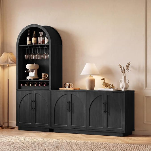 Arden Collection 2-Piece Home Bar Cabinet Set, Arched Sideboard and Tall Pantry Cabinets with LED Lighting, Charging Station, Wine Rack and Adjustable Shelves for Dining Room, Kitchen,Black Grey