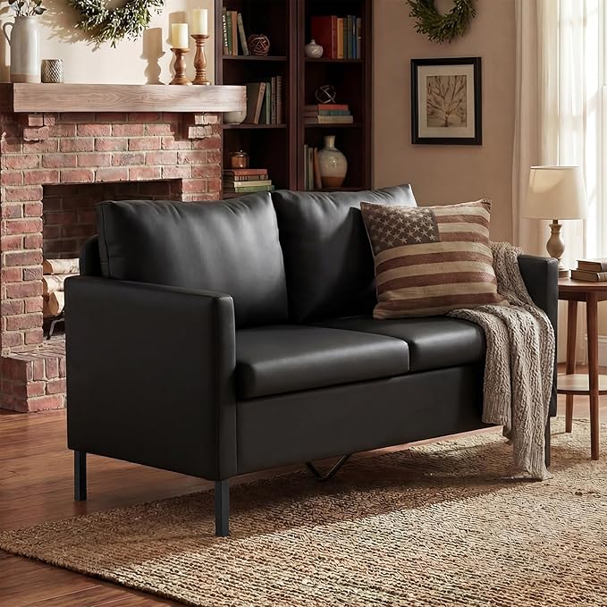 TYBOATLE Faux Leather Small Couches for Small Spaces, Comfy Modern Upholstered Black Love Seat for Bedroom, 2 Seater Mini Couch for Apartment, Dorm, Office
