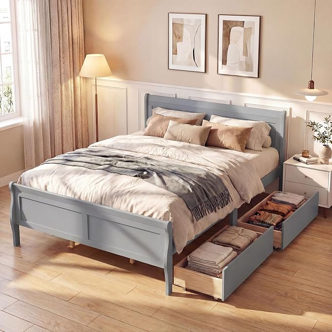 Giantex Queen Bed Frame with 2 Storage Drawers, Wood Platform Bed w/Headboard & Footboard, Wooden Slats Support Mattress Foundation, Sleigh Bedframe for Teens Adults, No Box Spring Needed (Grey)