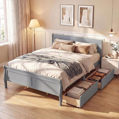 Giantex Queen Bed Frame with 2 Storage Drawers, Wood Platform Bed w/Headboard & Footboard, Wooden Slats Support Mattress Foundation, Sleigh Bedframe for Teens Adults, No Box Spring Needed (Grey)