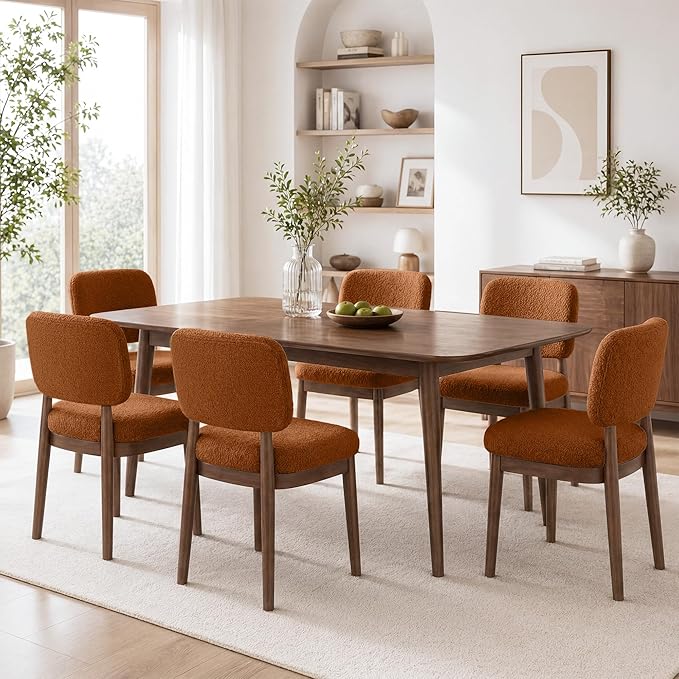 Wooden Dining Chairs Set of 6, Boucle Upholstered Kitchen Chairs with Solid Wood Legs, Mid Century Modern Dining Chairs, Farmhouse Side Chair with Hardwood Frame for Dining Room, Brown