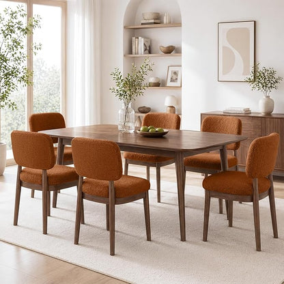 Wooden Dining Chairs Set of 6, Boucle Upholstered Kitchen Chairs with Solid Wood Legs, Mid Century Modern Dining Chairs, Farmhouse Side Chair with Hardwood Frame for Dining Room, Brown