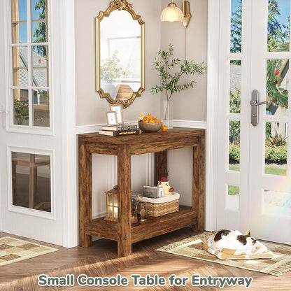 Besiost Farmhouse End Table, Narrow Side Table, Slim End Table with Storage Shelf, Small Console Table for Small Spaces, Rustic Nightstand Sofa Table for Living Room, Bedroom, 24", Rustic Brown