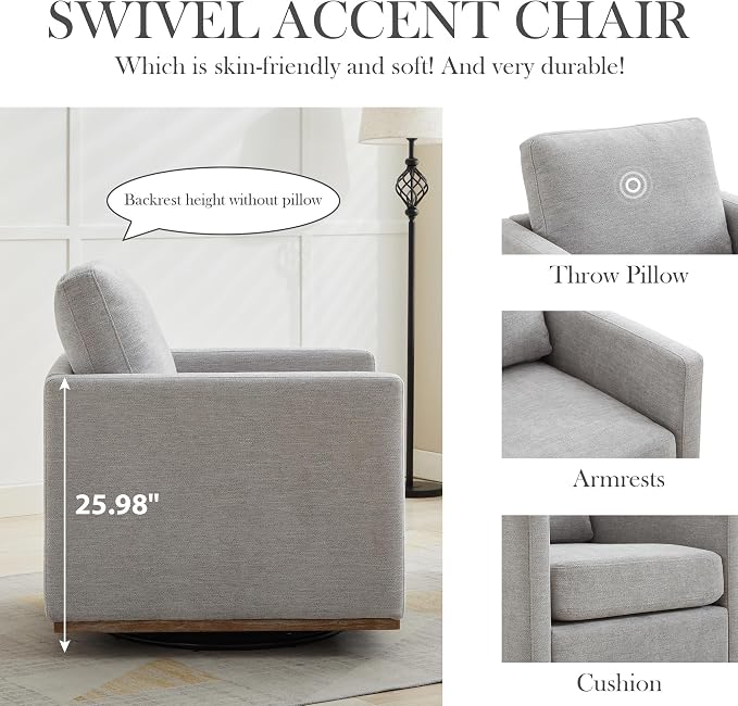 Aoiy & Wifon 30.7" W Swivel Accent Chair, Mid Century Modern Swivel Chairs for Living Room, Comfy Small Accent Chair, Wavy Chenille, Light Gray